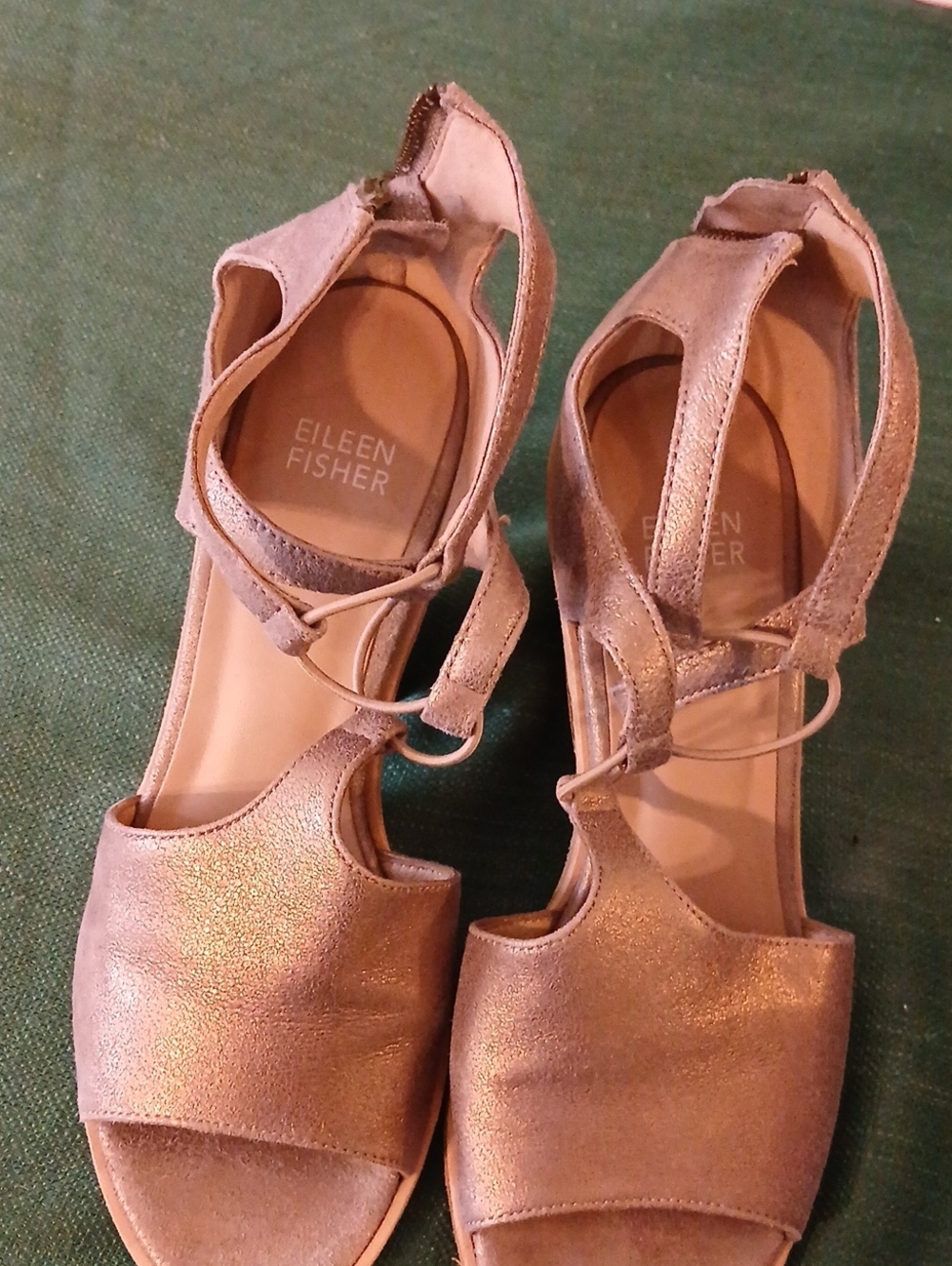 Eileen Fisher Metallic Taupe Leather Open-Toe Sandals